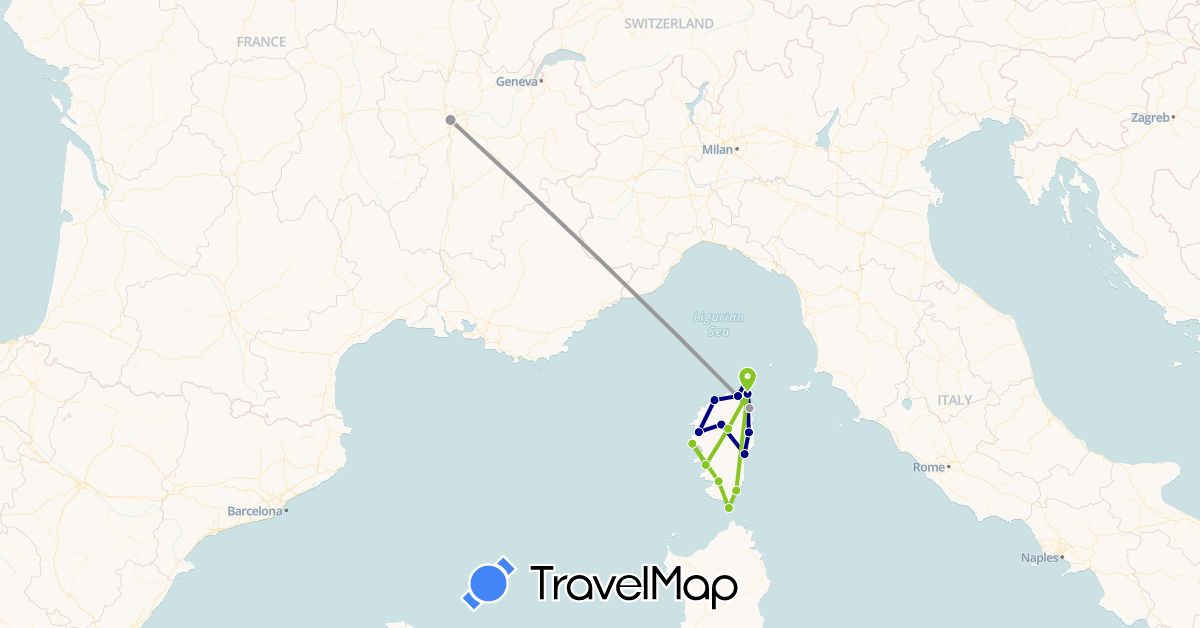 TravelMap itinerary: driving, plane, electric vehicle in France (Europe)
